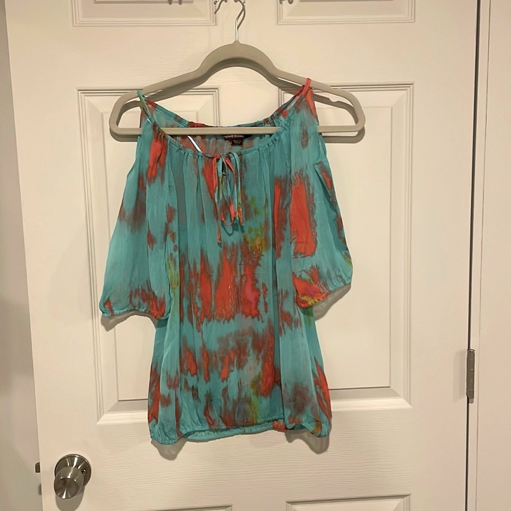 *Blue and Pink Tie Dye Cold Shoulder Blouse Size S Boho Top